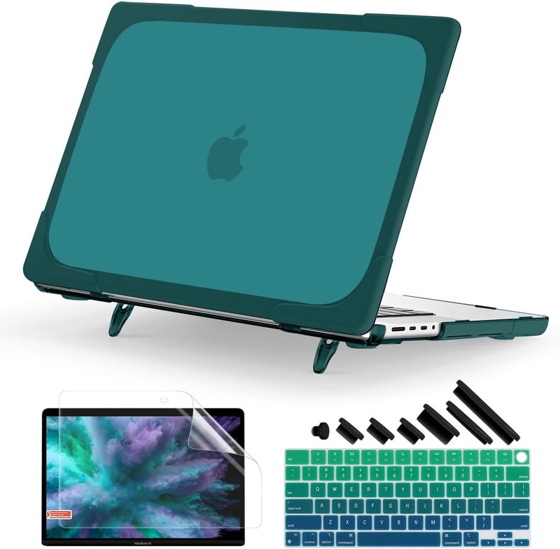Batianda Heavy Duty Case for New MacBook Pro 14 Inch 2025 M5 M4 M3 M2 Pro/Max- Ergonomic Foldable Kickstand (Holds 22lbs/Zero Wobble) Matte Translucent Rugged Armor Cover with Spare Parts, Deep Teal - Image 1